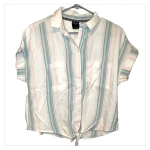 FarWest Womens Small Pastel Stripe Button Front Tie Hem Short Sleeve Shirt